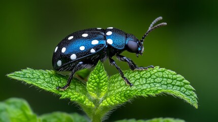 Close-up of a colorful beetle with blue and white spots on a green leaf
