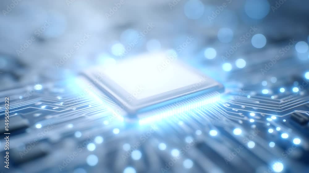 Poster a cutting-edge 3d digital chip encircled by tech symbols and intricate circuitry.