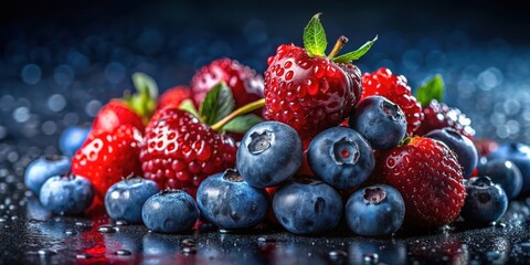 Obraz premium A vibrant collection of dew-kissed berries, including plump blueberries and luscious raspberries and strawberries, arranged artfully on a dark reflective surface.