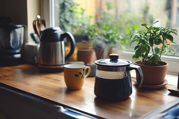 Various coffee makers on rustic kitchen counter