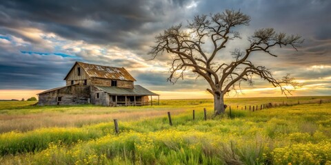 Fototapeta premium Serene Sunset Landscape Featuring a Rustic Old Farmhouse and a Barren Tree in a Vibrant Wildflower Meadow