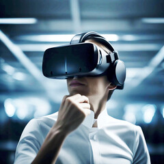 Modern people using virtual reality headsets in stylish interior or abstract space, with room for text