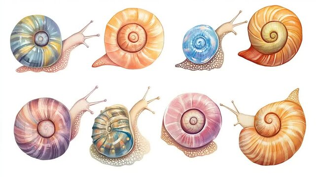 Colorful collection of artistic snail illustrations showcasing diverse shell patterns and shapes