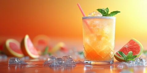 Refreshing citrus cocktail garnished with mint and served with ice on a warm sunset background