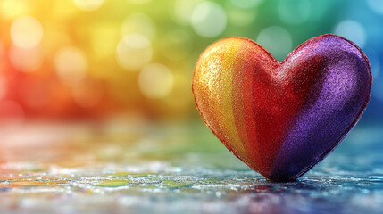 Fototapeta premium Shiny 3D rainbow heart radiating love and inclusivity, placed against a softly blurred background. Symbol of pride, unity, and beauty. Caption space available on the side for messaging.