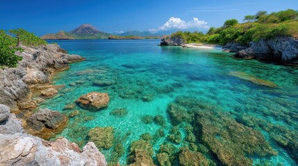 Fototapeta premium Tropical cove with clear turquoise water and rocky shoreline