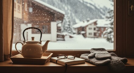Cozy Winter Scene with a Teapot and Snow-Covered Landscape Visible Through the Window