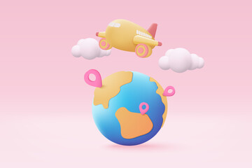 3D globe pin map with flight plane travel tourism trip planning world tour. Tourism plane trip planning world tour with pin location on holiday summer concept. 3d vector airplane render illustration