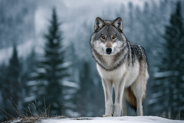 Lone Gray Wolf Standing on Snowy Hill with Forest Background