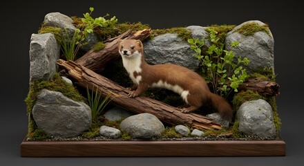 Stoat Taxidermy in Natural Habitat Diorama
