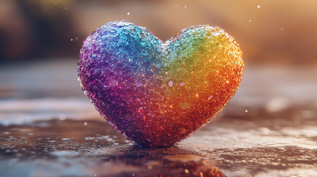 Shiny 3D rainbow heart radiating love and inclusivity, placed against a softly blurred background. Symbol of pride, unity, and beauty. Caption space available on the side for messaging.