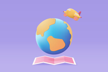 3D globe pin map with flight plane travel tourism trip planning world tour. Tourism plane trip planning world tour with pin location on holiday summer concept. 3d vector airplane render illustration