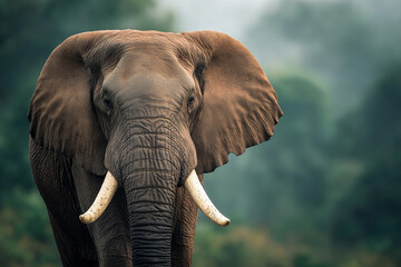 Close-Up of Majestic Elephant with Tusks in Misty Forest
