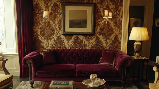 Richly appointed interior room with luxurious burgundy couch.
