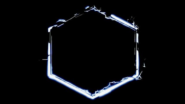 Abstract white hexagonal frame, hexagon (sexangle) Portal with glowing white energy lines and lightning isolated on black background, transparent chroma key alpha matte overlay VFX
