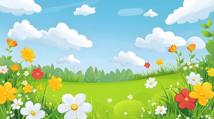 Vibrant illustration of a meadow filled with various flowers, set against a background of a clear blue sky with fluffy white clouds.