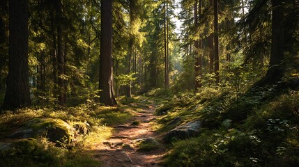 Obraz premium Serene Sunlight Illuminates a Mossy Forest Path