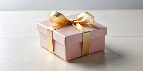 A Delicate Pink Gift Box with a Golden Ribbon Bow on a Light Wooden Surface