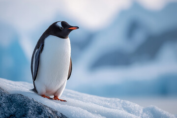 Solitary Penguin Standing on Snowy Rock with Icy Background