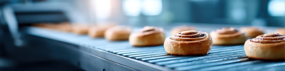Cinnamon roll production showcases freshly baked rolls on a conveyor belt in a bright factory