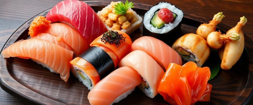 Assorted sushi, sashimi, and tempura on a dark wooden plate, healthy, cooked