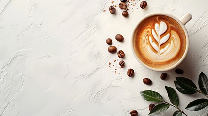 Decorative top view of a cup of coffee, artistic image against white backdrop with space for advertising, Generative AI.