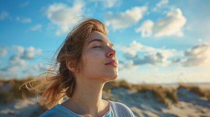 A low viewpoint depicts a young lady breathing in fresh air while closing her eyes against a sunny blue sky with text space, Generative AI.