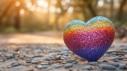 Fototapeta premium Shiny 3D rainbow heart radiating love and inclusivity, placed against a softly blurred background. Symbol of pride, unity, and beauty. Caption space available on the side for messaging.