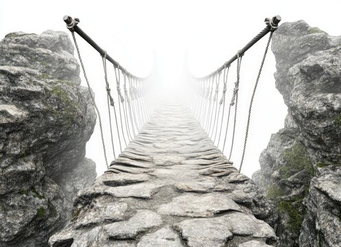 Fototapeta Misty mountain rope bridge stone path adventure
