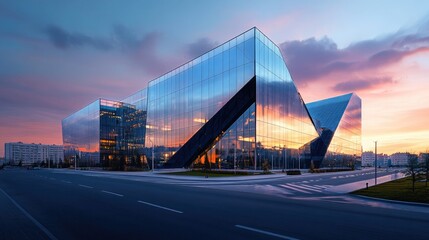 Obraz premium Modern Glass Office Buildings Reflecting Sunset Sky in Urban Landscape Setting