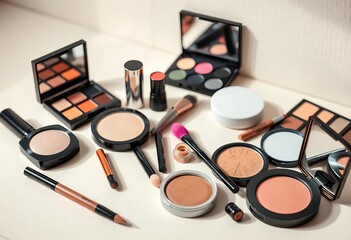 Artistically arranged makeup collection on neutral background, soft natural lighting,  texture,  creative