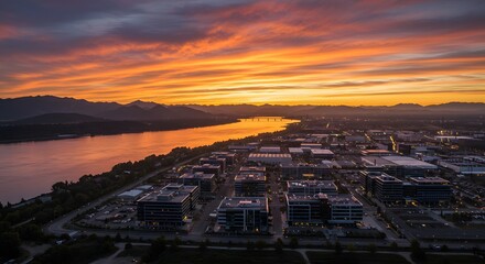 Industrial Park at Sunset, Aerial View, Lake and Mountains