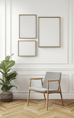 Modern living room interior with armchair and frames