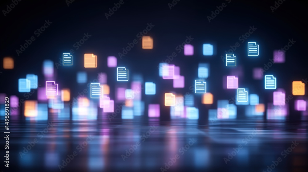 Poster abstract network grid with files and folders, futuristic software interface, digital document manage