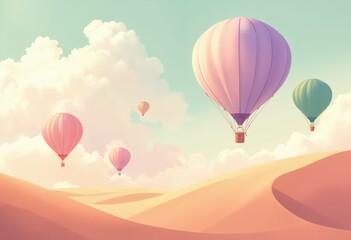 Fototapeta premium Colorful hot air balloons floating over serene desert dunes