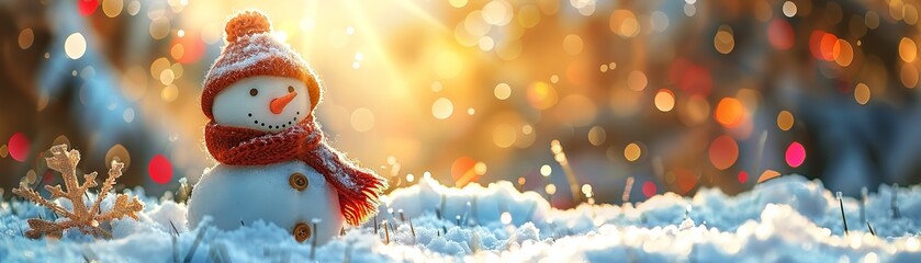 Christmas snowman in closeup, silhouetted against hazy morning sunshine and sporting a red muffler and red cap, Generative AI.