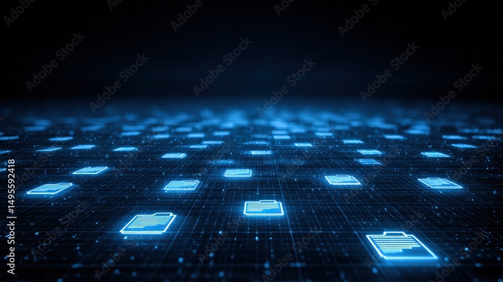 Poster abstract network grid with files and folders, futuristic software interface, digital document manage