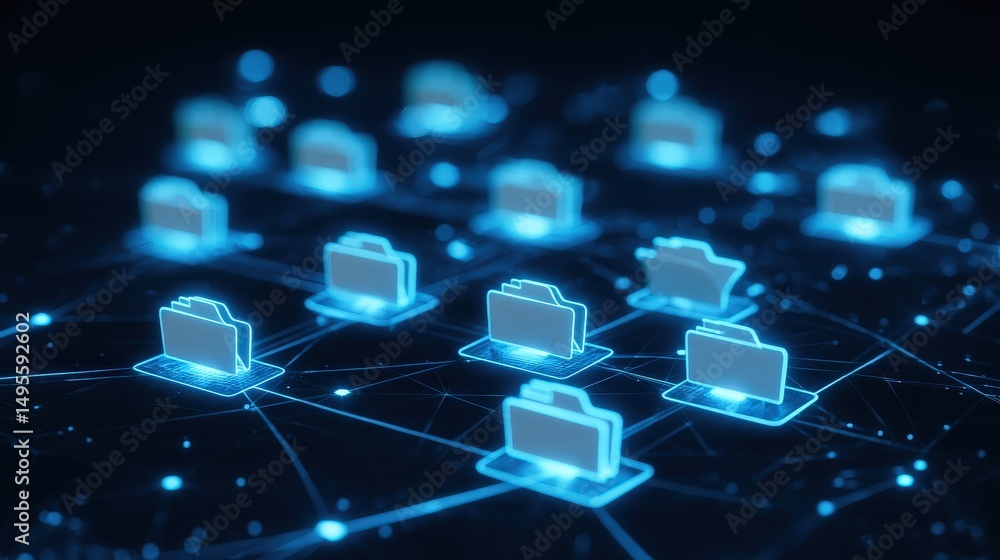 Poster abstract network grid with files and folders, futuristic software interface, digital document manage
