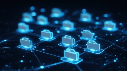Obraz premium Abstract network grid with files and folders, futuristic software interface, digital document management system, store, search and organize documents, corporate business, paperless office 