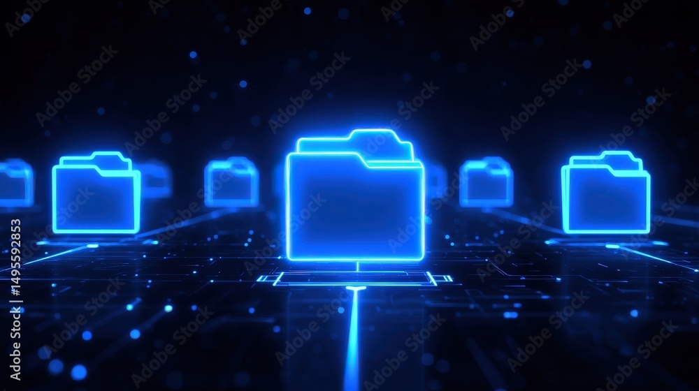 Poster abstract network grid with files and folders, futuristic software interface, digital document manage