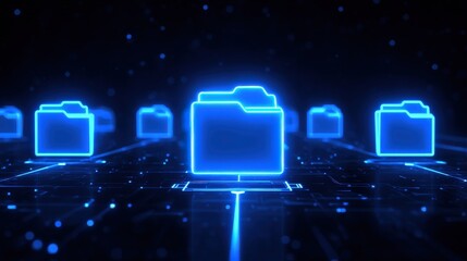 Abstract network grid with files and folders, futuristic software interface, digital document management system, store, search and organize documents, corporate business, paperless office	
