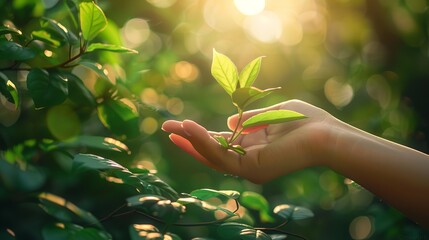 Sunny background with a green growing tree that is being held by hand and a nice ecology concept with text space, Generative AI.