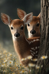Two adorable fawns peek curiously from behind a tree in a field of wildflowers, exuding innocence.