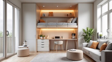 Fototapeta premium Bright Scandinavian micro-apartment with foldable desk solution