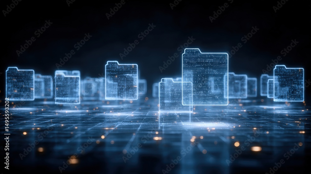 Poster abstract network grid with files and folders, futuristic software interface, digital document manage