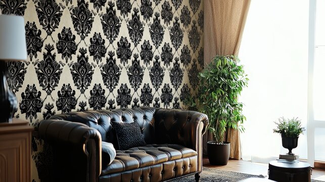 Elegant black and white damask wallpaper room interior.