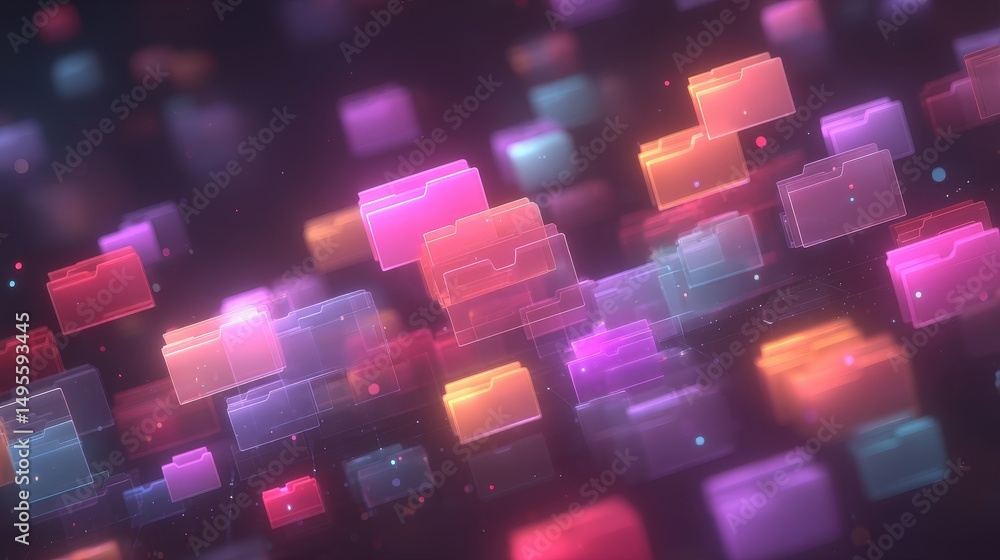 Poster abstract network grid with files and folders, futuristic software interface, digital document manage