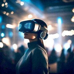 Modern people using virtual reality headsets in stylish interior or abstract space, with room for text