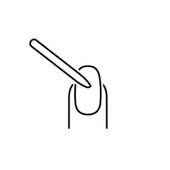 Nail care process with cuticle stick. Black and white icon in minimalistic line design. Editable SVG