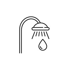 Showerhead with water droplet.  Вlack and white icon in minimalist line design. Editable SVG